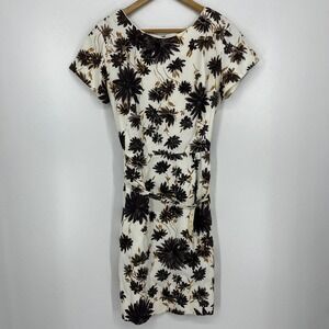 Vintage Sears Fashions Floral Sheath Dress Brown White Belt Short Sleeve Size M